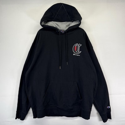 古着 チャンピオン Champion パーカー 袖ワンポイントロゴ スウェット プルオーバー フーディ XL ブラック系 両面プリント メンズ