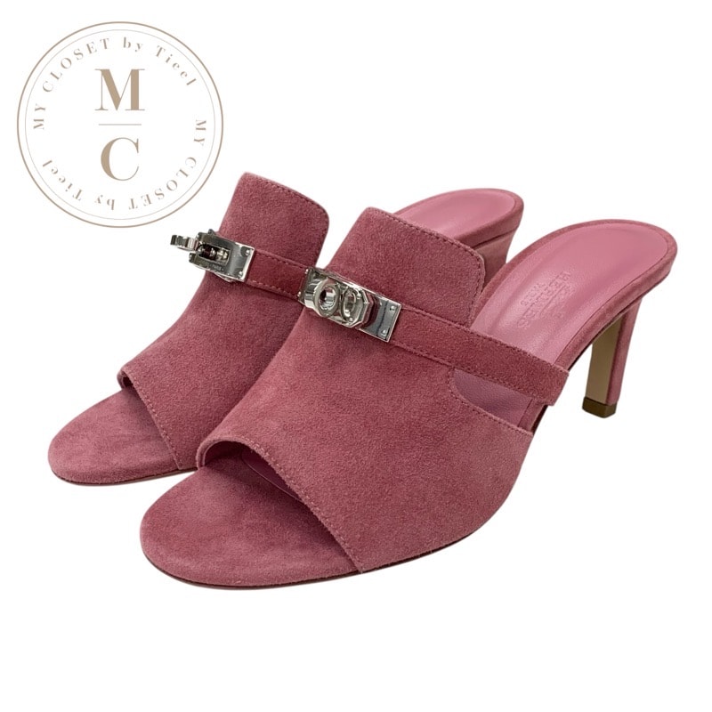 エルメス HERMES キュート サンダル 靴 シューズ スエード ピンク シルバー 未使用 ケリー金具 ミュール