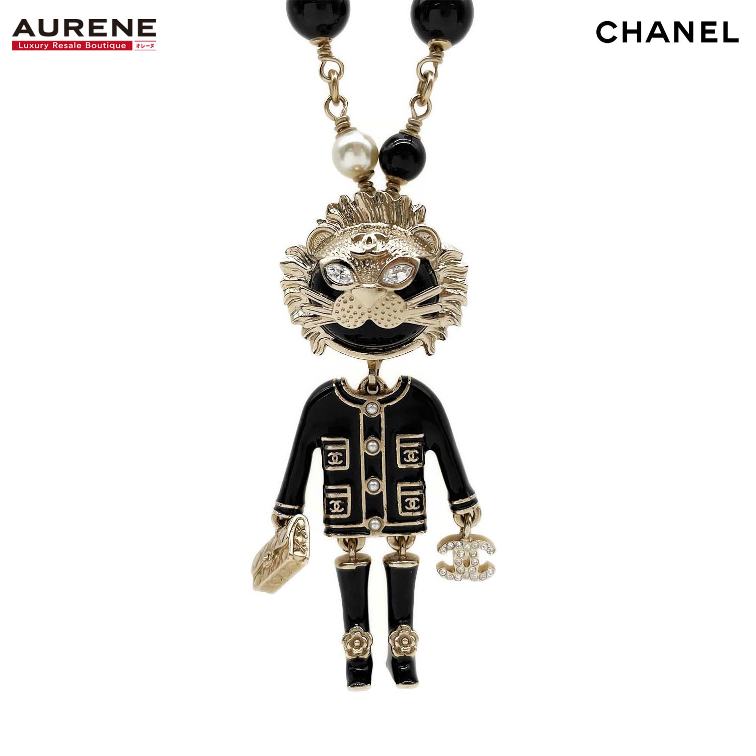 CHANEL シャネル ライオン スイング パール ロング ネックレス
 バイカラー B22P メタル ブラック ユニセックス
 【中古】