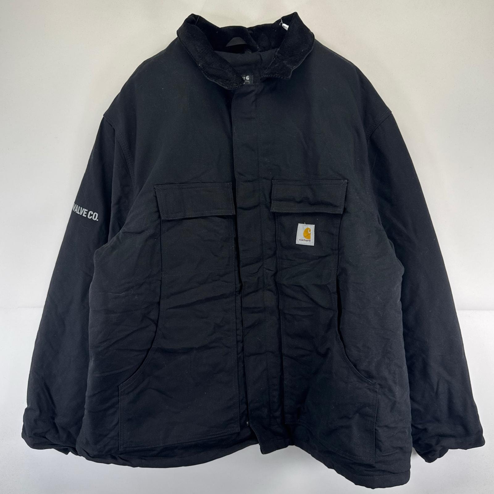 古着 カーハート Carhartt ダック ジャケット フルジップ ワンポイントロゴ 大きいサイズ ワークジャケット 2XL  ブラック系 メンズ