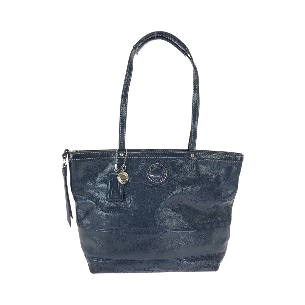 COACH コーチ ビッグシグネチャー ブルー ネイビー レザー ショルダーバッグ トートバッグ 600276 【中古】