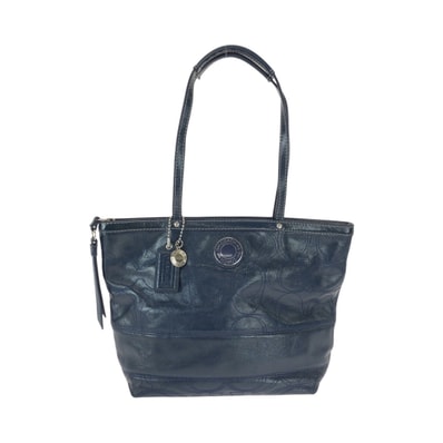 COACH コーチ ビッグシグネチャー ブルー ネイビー レザー ショルダーバッグ トートバッグ 600276 【中古】
