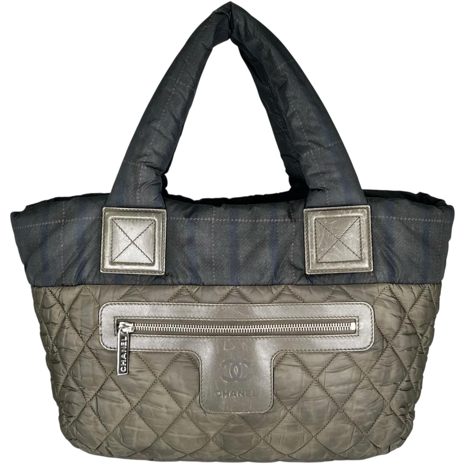 美品 CHANEL シャネル コココクーンPM チェック トートバッグ ナイロン オリーブ レディース【中古】