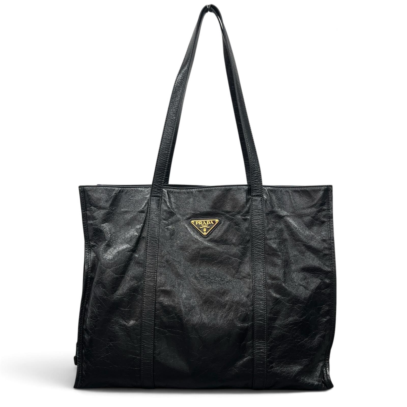 PRADA 美品 プラダ レザー ショッピングバッグ トライアングルロゴ トートバッグ 1BG460 ICチップ確認済 レザー ブラック ハンドバッグ 肩掛け 三角プレート ロゴプレート ABランク 鑑定済 プラダバッグ