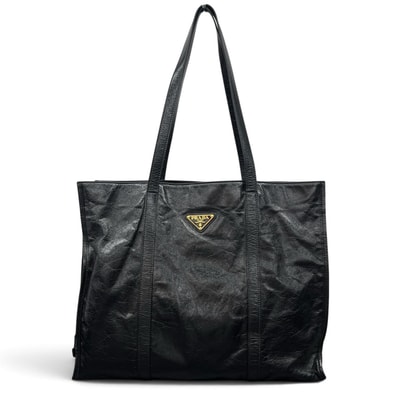 PRADA 美品 プラダ レザー ショッピングバッグ トライアングルロゴ トートバッグ 1BG460 ICチップ確認済 レザー ブラック ハンドバッグ 肩掛け 三角プレート ロゴプレート ABランク 鑑定済 プラダバッグ