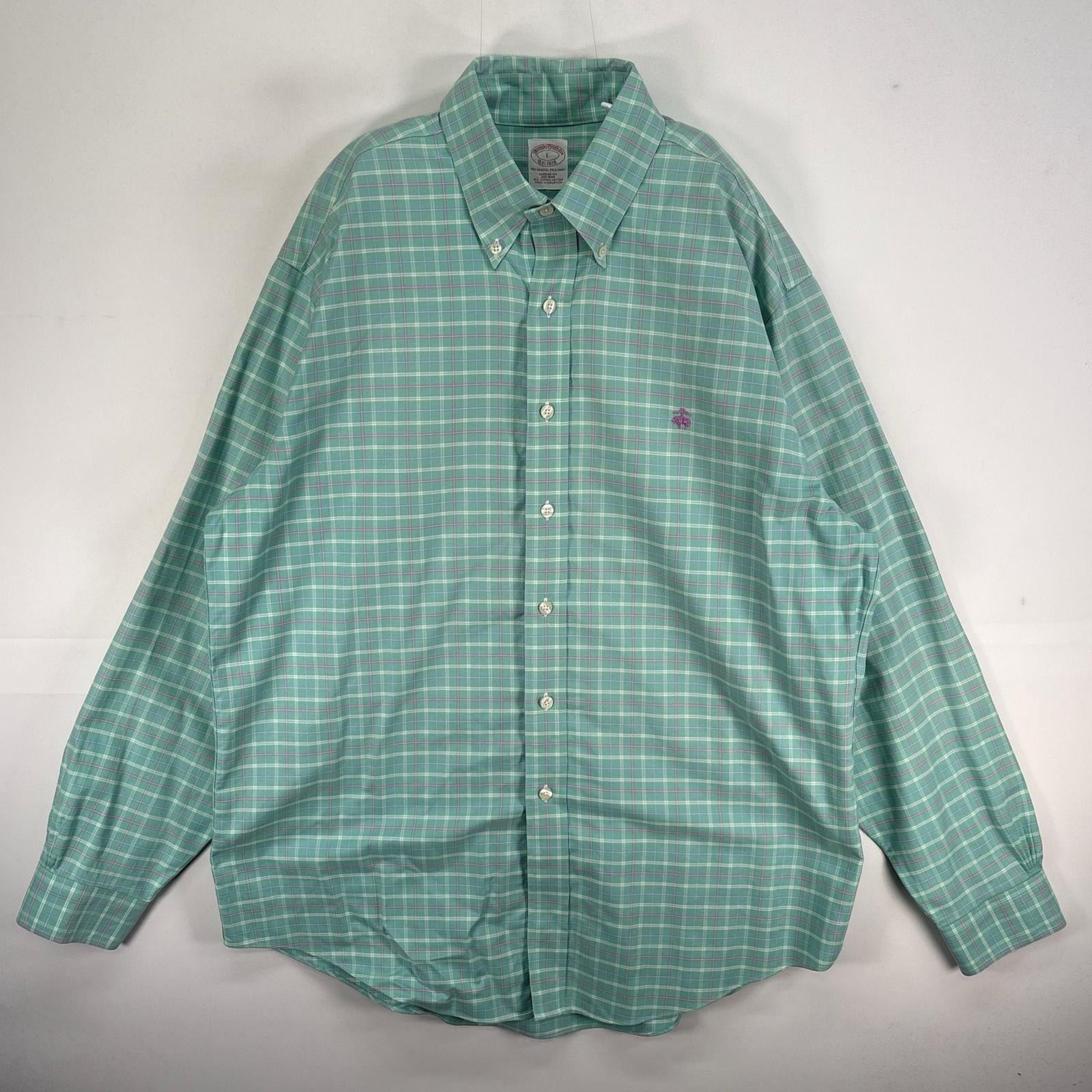 古着 ブルックスブラザーズ Brooks Brothers 長袖シャツ ロゴ 刺繍 ボタンダウン チェック L  グリーン系 マルチカラー メンズ