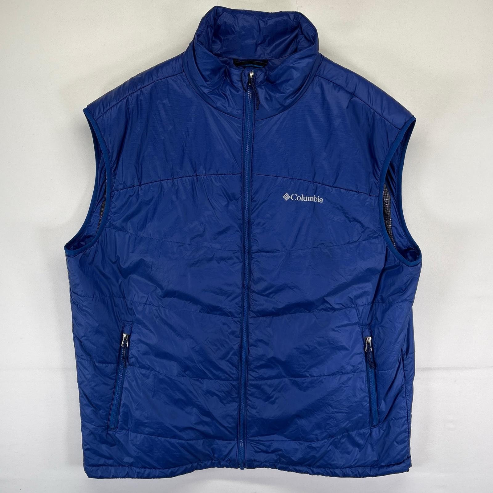 古着 コロンビア Columbia ベスト 中綿 オムニヒート 大きいサイズ フルジップ 裾ドローコード アウトドア 2XL ブルー系 メンズ