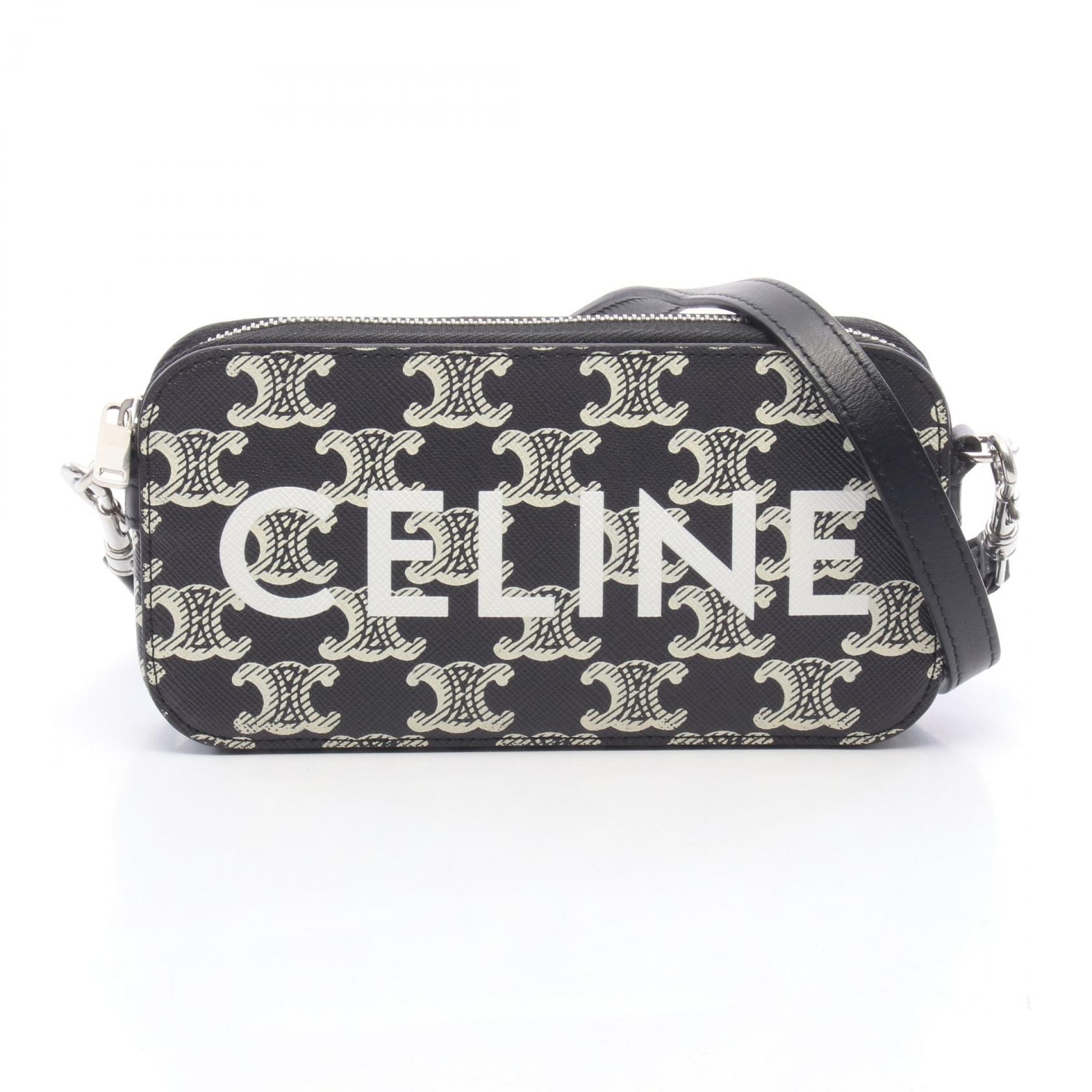 セリーヌ CELINE トリオンフ ホリゾンタル ポーチ ショルダーバッグ バッグ PVCコーティングキャンバス レザー レディース ブラック系 / アイボリー系 / ホワイト系 【中古】