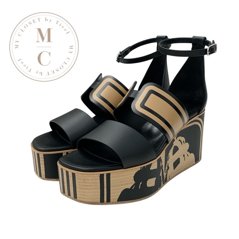 エルメス HERMES カリス サンダル 靴 シューズ レザー ブラック ブラウン 未使用 Brides de Gala Quadri Tattoo ウェッジソール ストラップ 厚底