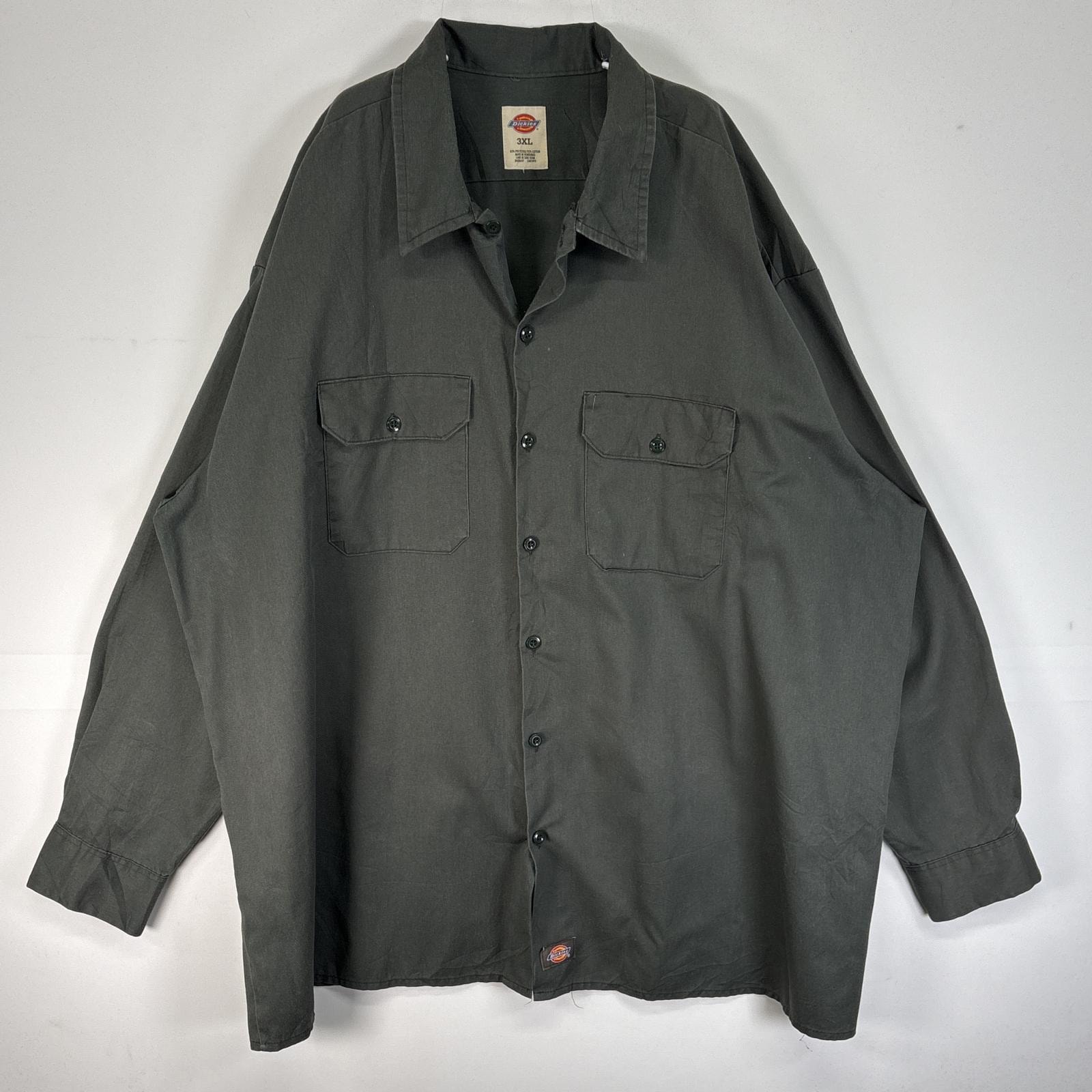 古着 ディッキーズ Dickies 長袖シャツ ワーク 作業着 フラップポケ ワンポイント ロゴ 大きいサイズ 3XL  カーキ 無地 メンズ