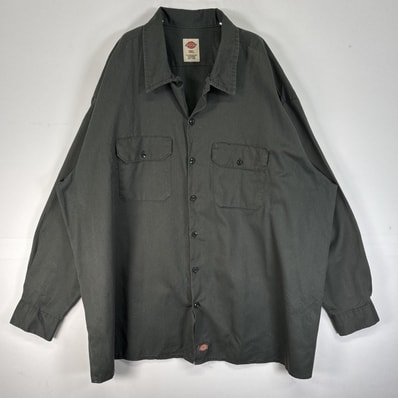古着 ディッキーズ Dickies 長袖シャツ ワーク 作業着 フラップポケ ワンポイント ロゴ 大きいサイズ 3XL カーキ 無地 メンズ