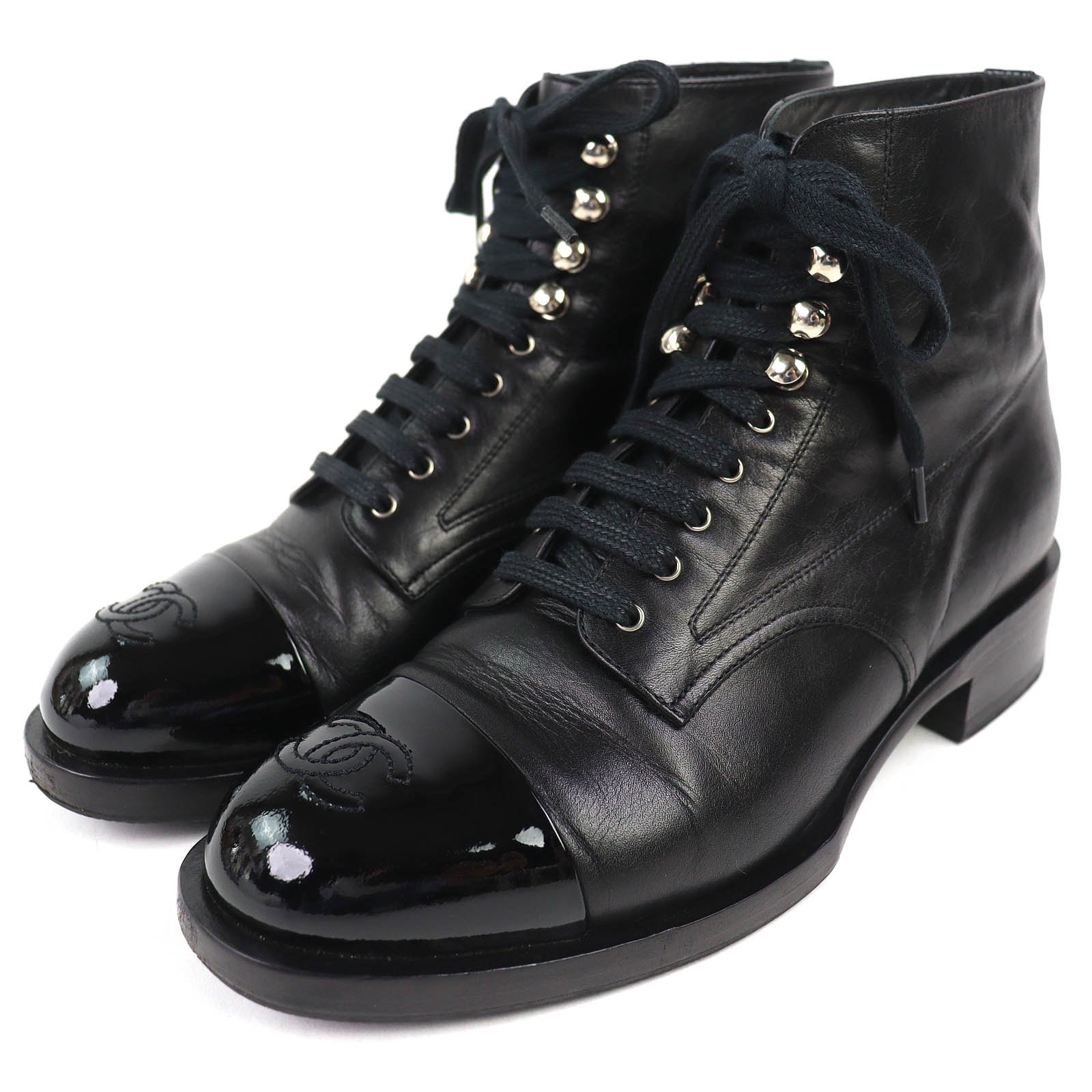 良品 シャネル ココマーク レースアップ ショートブーツ 黒 36 G33287