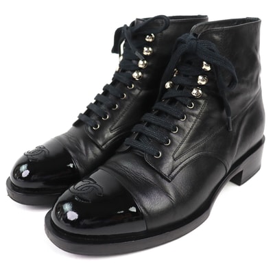 良品 シャネル ココマーク レースアップ ショートブーツ 黒 36 G33287