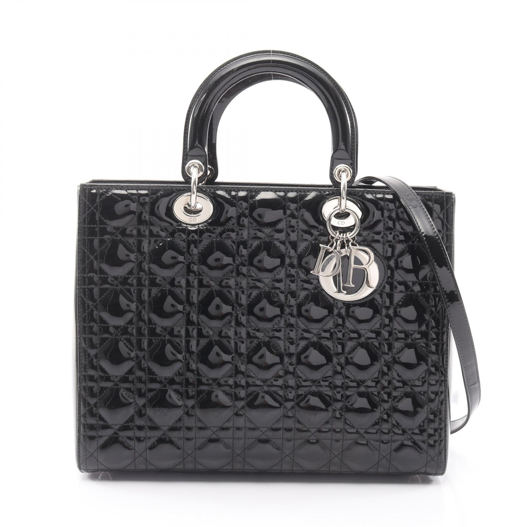 ディオール Dior レディディオール ラージ カナージュ ハンドバッグ バッグ パテントレザー レディース ブラック系 M0566OWCB-M900 【中古】