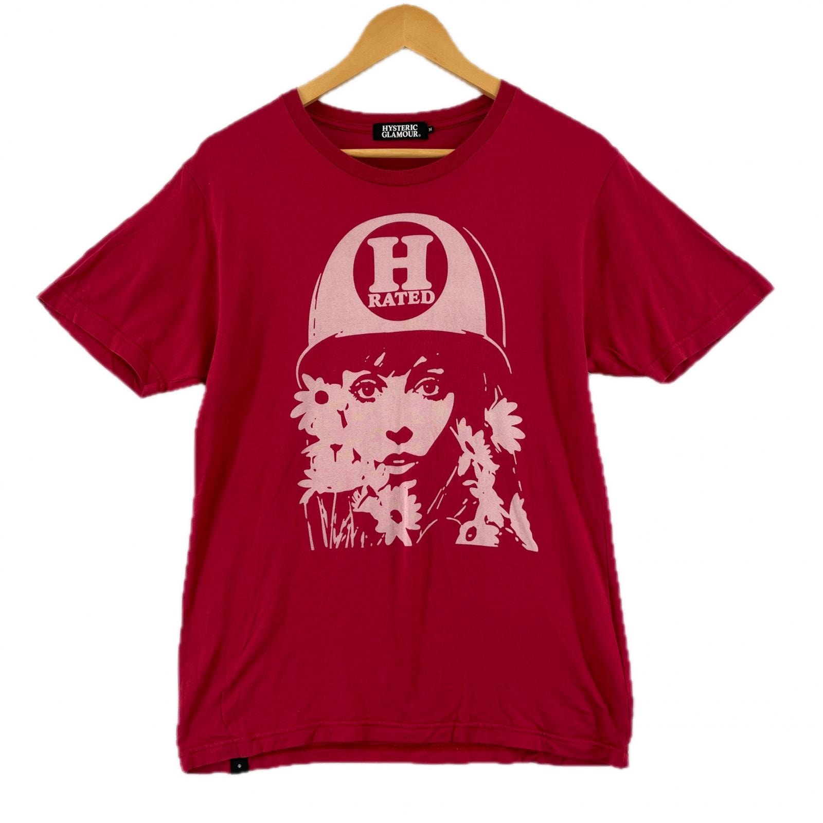 美品 HYSTERIC GLAMOUR ヒステリックグラマー H RATED 両面プリント 春夏 SS 半袖Tシャツ コットン レッド メンズ M【古着】【中古】