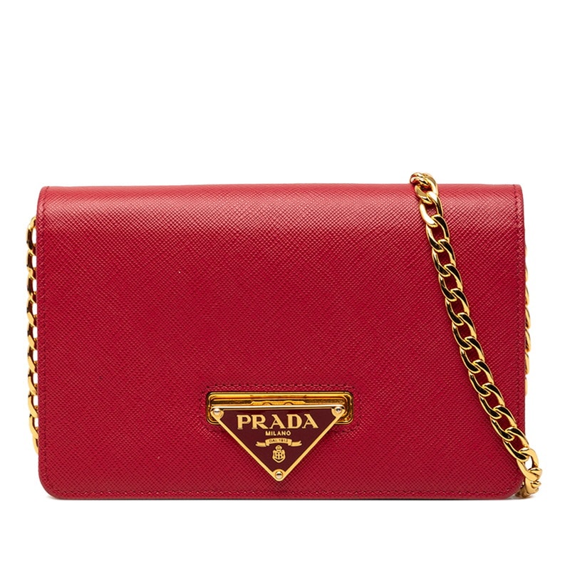 プラダ 三角ロゴプレート チェーン ウォレット ショルダーバッグ 斜めかけ レッド サフィアーノ レター レディース PRADA 【中古】
