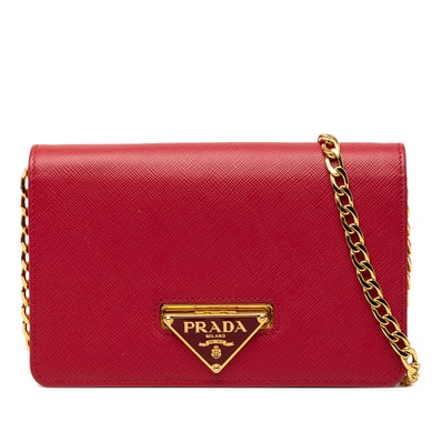 プラダ 三角ロゴプレート チェーン ウォレット ショルダーバッグ 斜めかけ レッド サフィアーノ レター レディース PRADA 【中古】