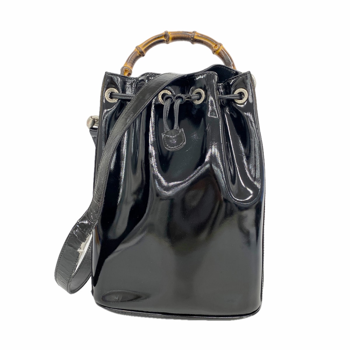 【6hd3425-k】グッチ ハンドバッグ バンブー 001 2865 1657 パテント ブラック シルバー金具【中古】レディース