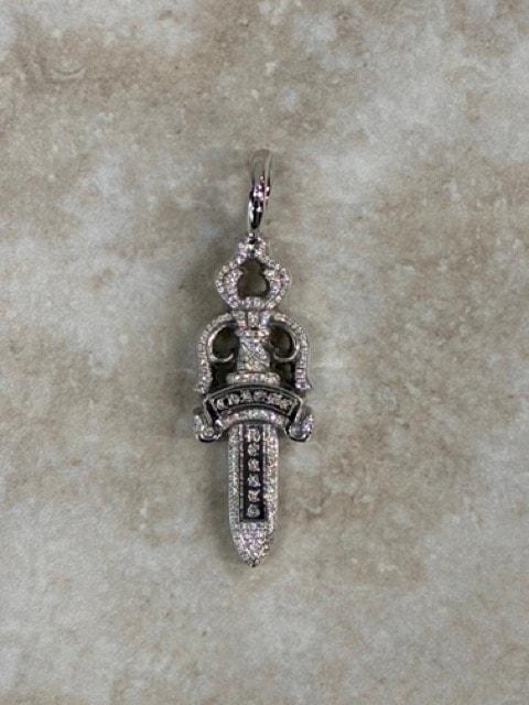 Chrome Hearts 18K Double Dagger Pave Diamond Pendant Necklace Top "White Gold"