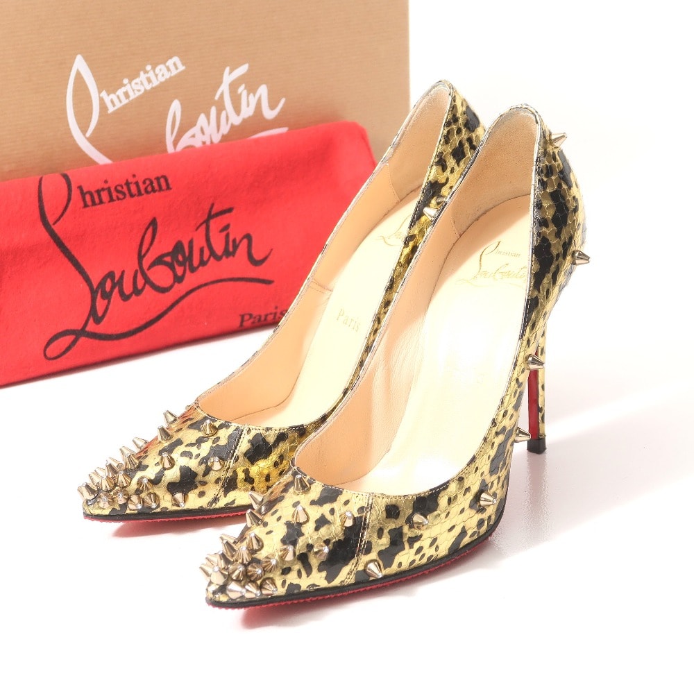 Christian Louboutin クリスチャンルブタン パンプス サイズ36 スパイク スタッズ パイソン柄 ハイヒール レザー ゴールド 靴 イタリア製 ブランド古着【中古】20250605/RA4891