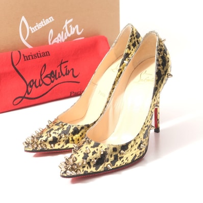 Christian Louboutin クリスチャンルブタン パンプス サイズ36 スパイク スタッズ パイソン柄 ハイヒール レザー ゴールド 靴 イタリア製 ブランド古着【中古】20250605/RA4891