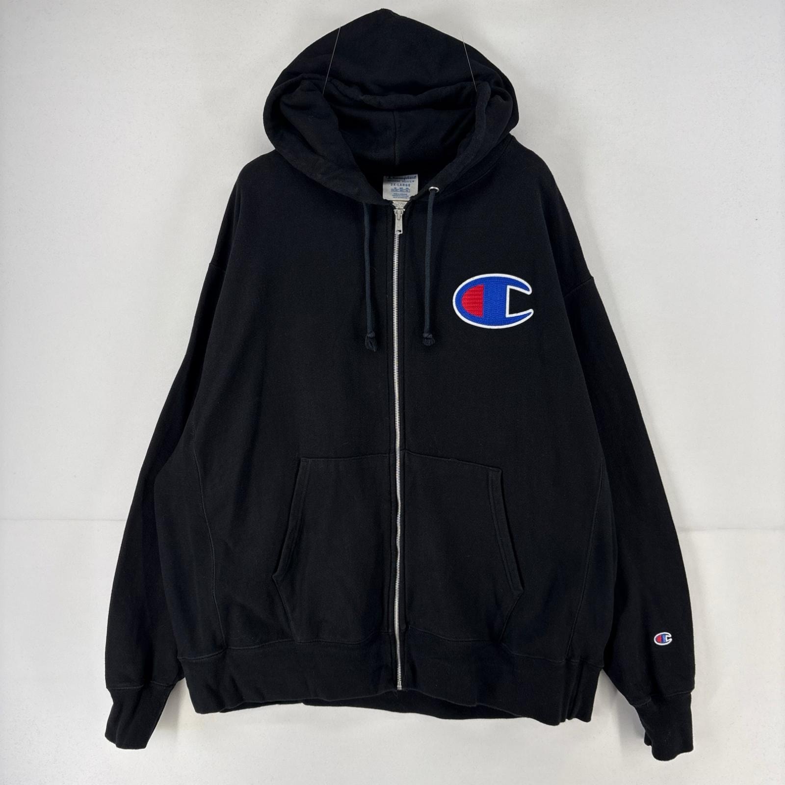 古着 チャンピオン Champion パーカー ロゴ 刺繍 フルジップ 大きいサイズ スウェット ビッグロゴ 2XL  ブラック メンズ