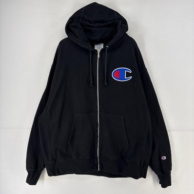 古着 チャンピオン Champion パーカー ロゴ 刺繍 フルジップ 大きいサイズ スウェット ビッグロゴ 2XL ブラック メンズ