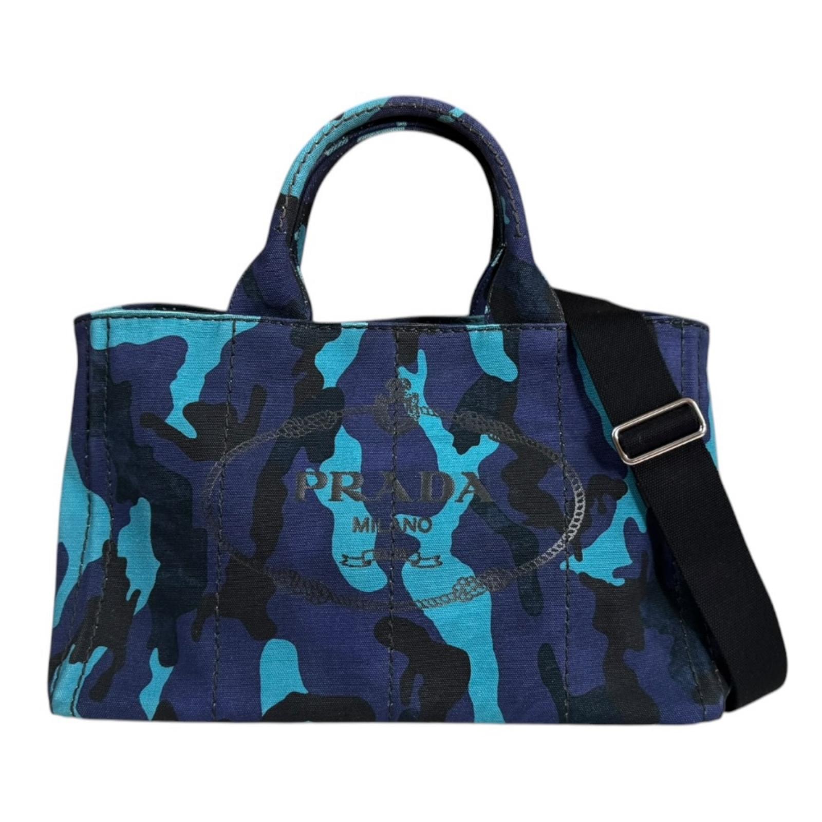 プラダ カモフラ柄 カナパトートM ショルダーバッグ キャンバス B2642B ブルー レディース PRADA  中古