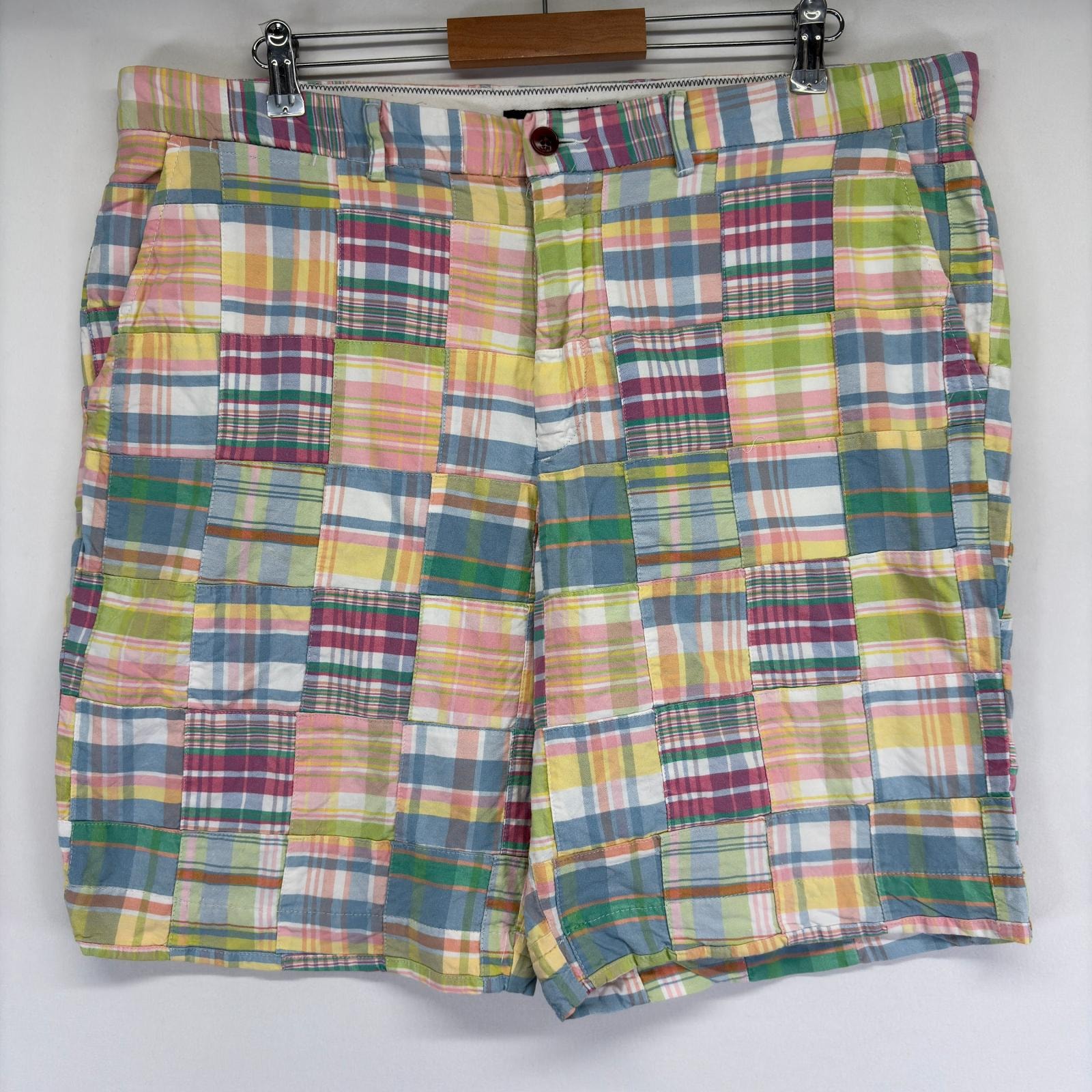 古着 トミーヒルフィガー TOMMY HILFIGER パンツ ワンポイント ロゴ パッチワーク ハーフパンツ ショート チェック w40 ブルー系 メンズ
