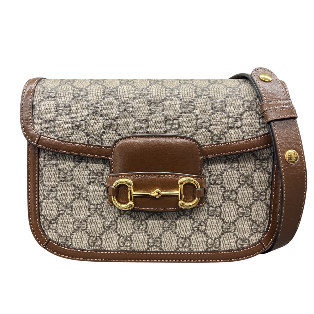 GUCCI 現行品 極美品 グッチ ホースビット 1955 ミディアム ショルダーバッグ GGスプリーム 602204 PVC レザー ベージュ ブラウン クロスボディ GGプラス Aランク 中古 鑑定済 グッチバッグ【定価462,000円】