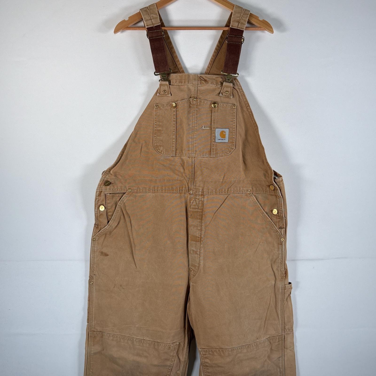 古着 カーハート Carhartt オーバーオール ダック ワーク ワンポイントロゴ サイドポケット ダブルニー  大きいサイズ w44 L32 キャメル メンズ