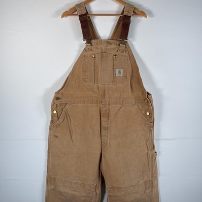 古着 カーハート Carhartt オーバーオール ダック ワーク ワンポイントロゴ サイドポケット ダブルニー 大きいサイズ w44 L32 キャメル メンズ