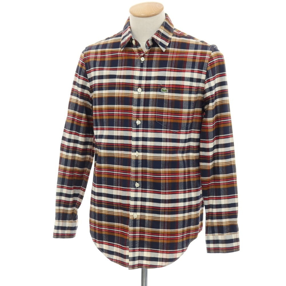 【中古】ラコステ LACOSTE コットン チェック レギュラーカラー カジュアルシャツ ネイビーxブラウン【サイズ38】【メンズ】