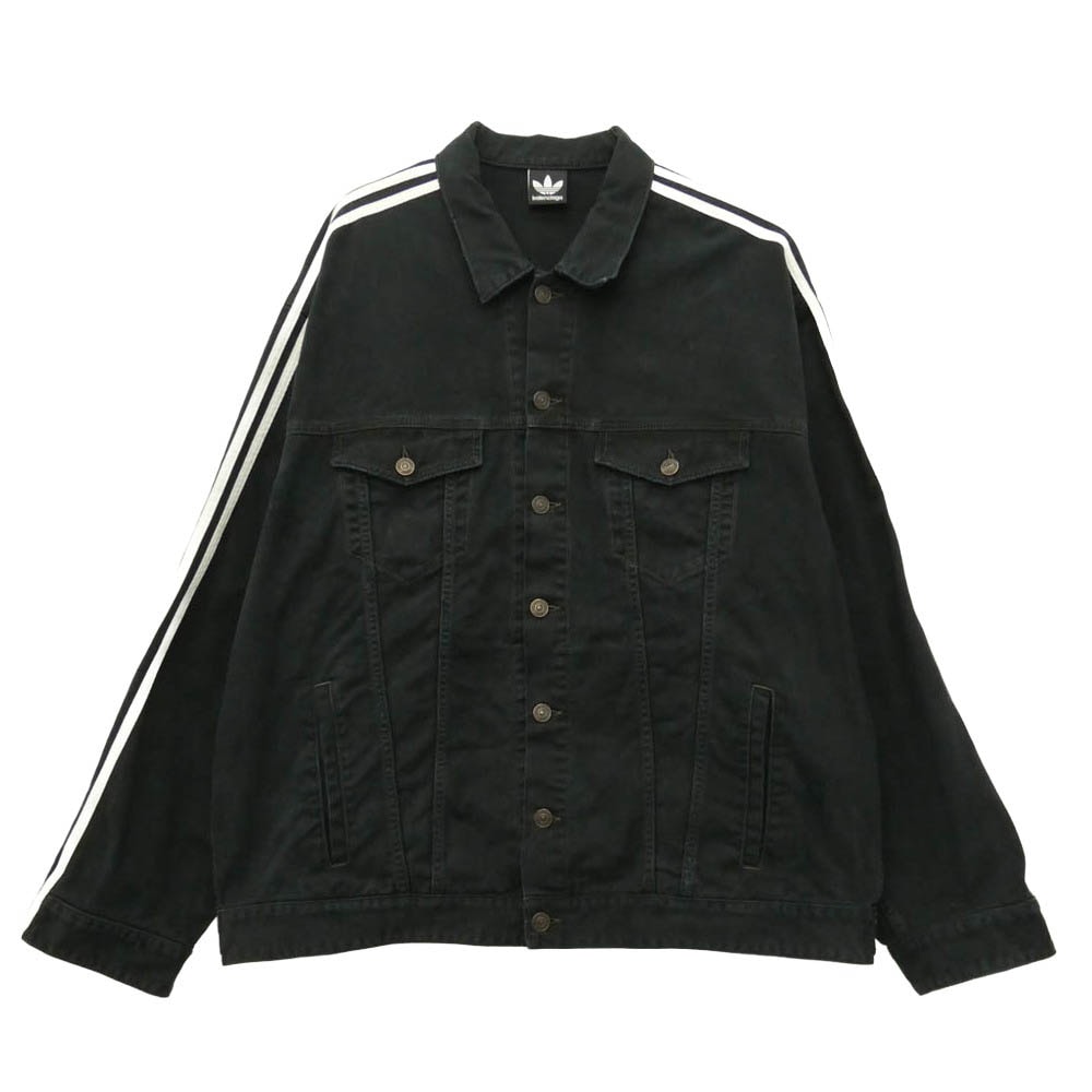 BALENCIAGA バレンシアガ adidas アディダス 23SS 724775 TNW54 ×adidas アディダス クラッシュ加工 サイドライン オーバーサイズ デニム ジャケット ブラック系 3【中古】