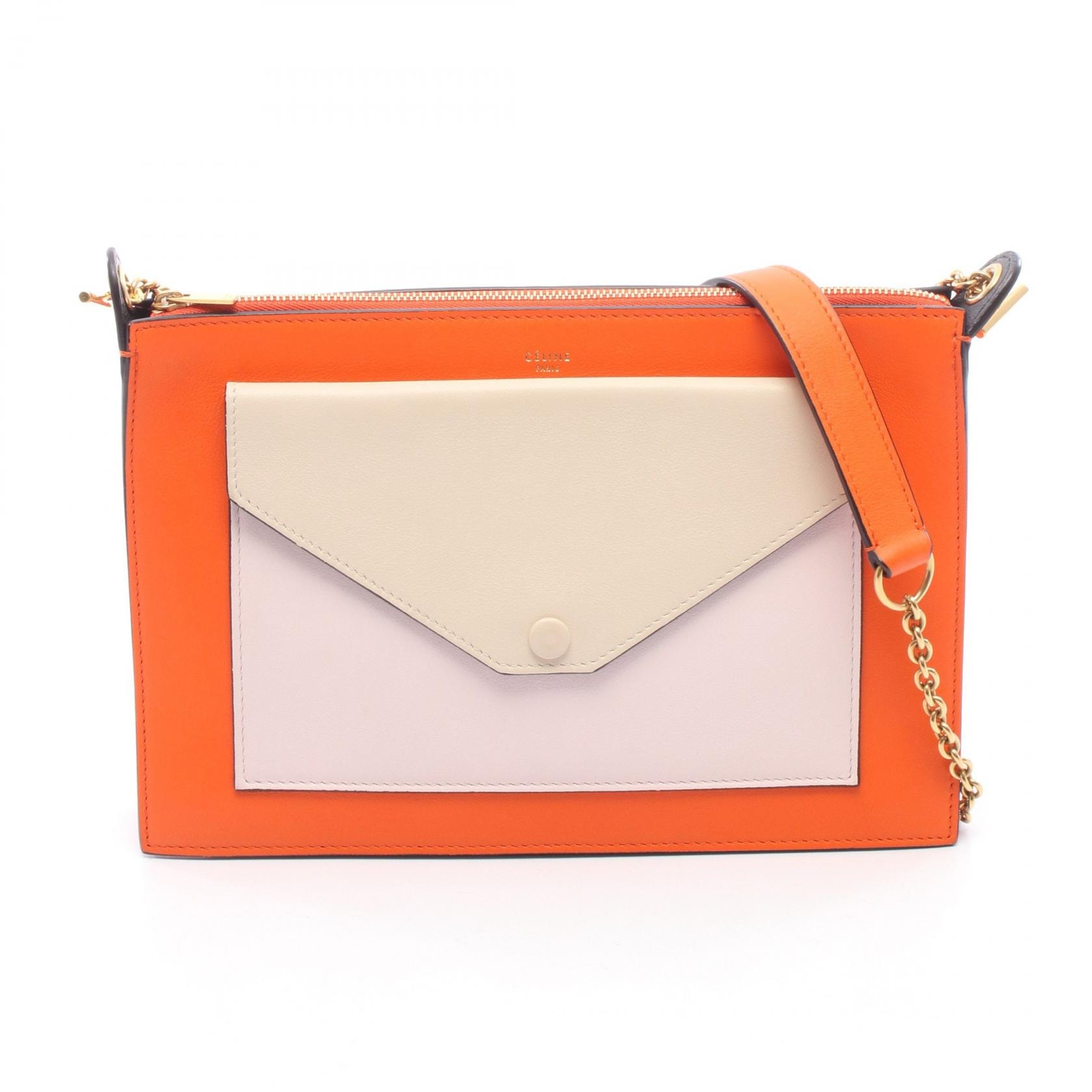 セリーヌ CELINE トリコロール ミディアム ショルダーバッグ バッグ レザー レディース オレンジ系 / ピンク系 / ベージュ系 【中古】