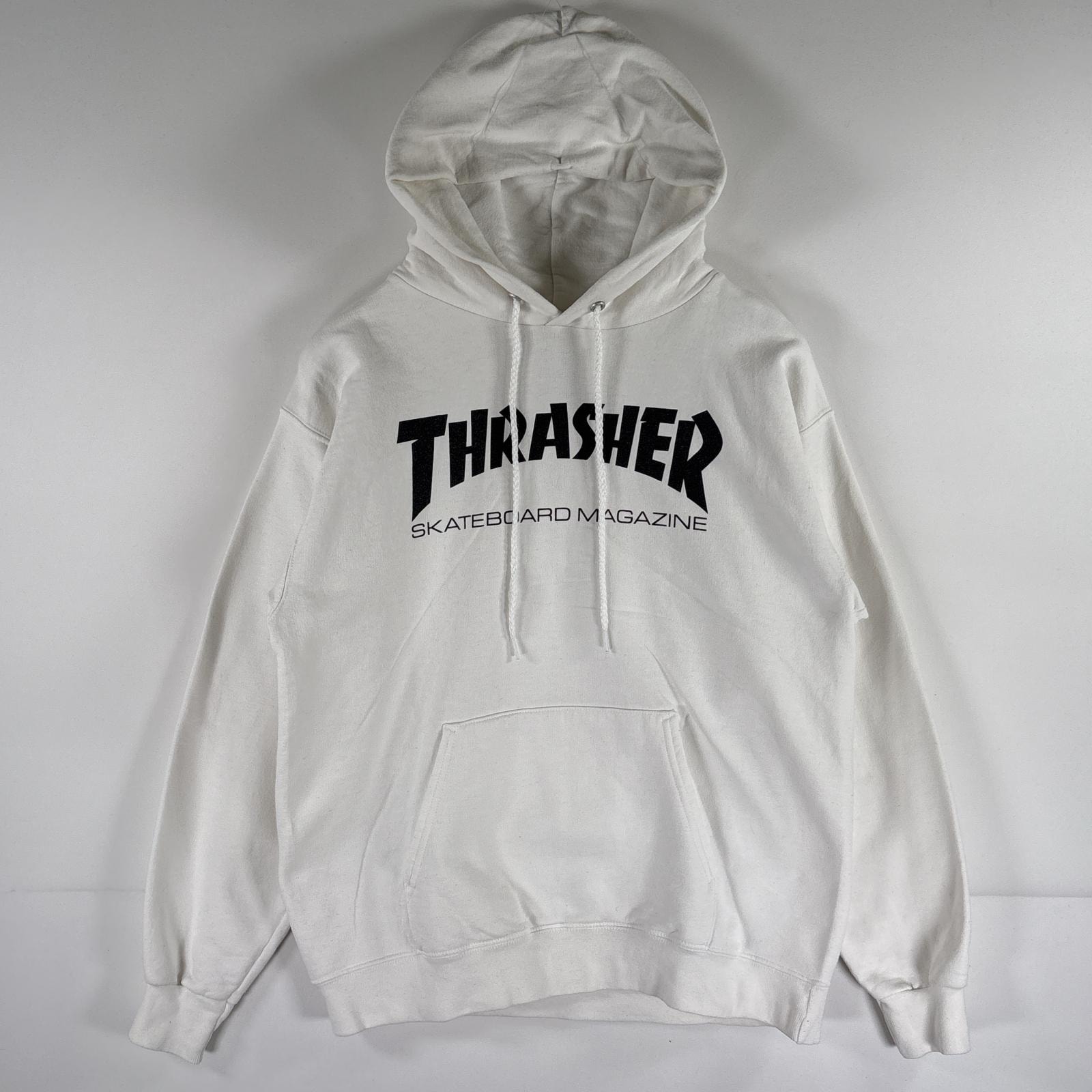 古着 スラッシャー THRASHER パーカー スウェット ロゴプリント スケーター ストリート プルオーバー S  ホワイト メンズ