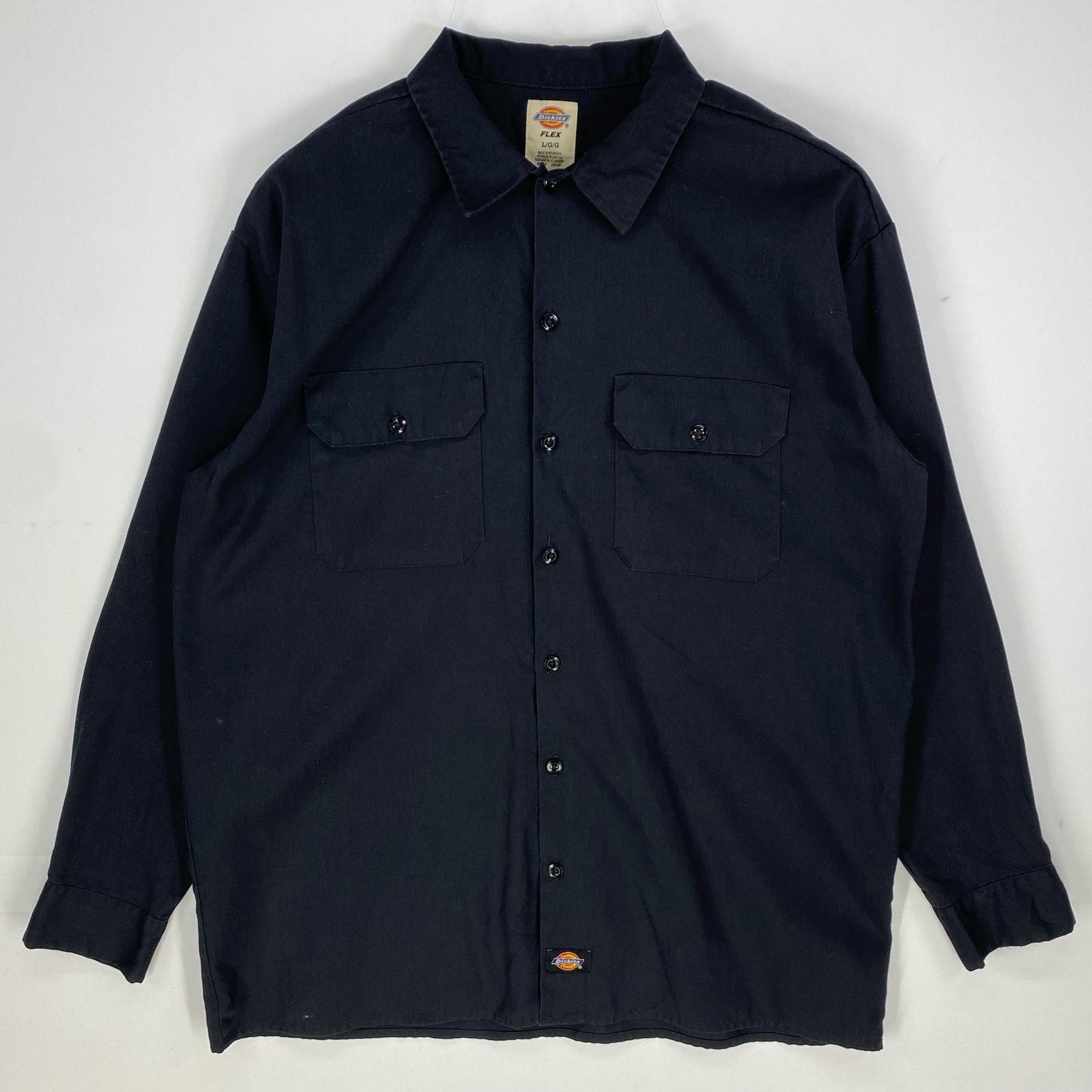 古着 ディッキーズ Dickies 長袖シャツ 胸ポケット ワーク ロングスリーブ ワンポイントロゴ L  ブラック系 無地 メンズ