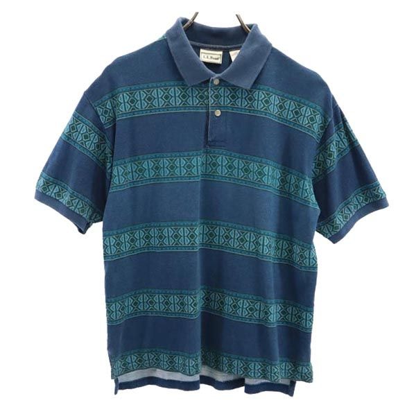 L.L.Bean エルエルビーン 総柄 半袖 ポロシャツ XL 青系 鹿の子 アウトドア
