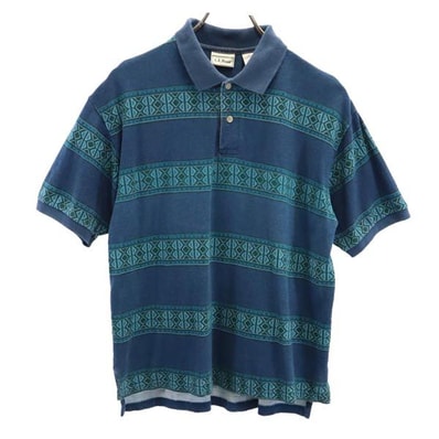 L.L.Bean エルエルビーン 総柄 半袖 ポロシャツ XL 青系 鹿の子 アウトドア