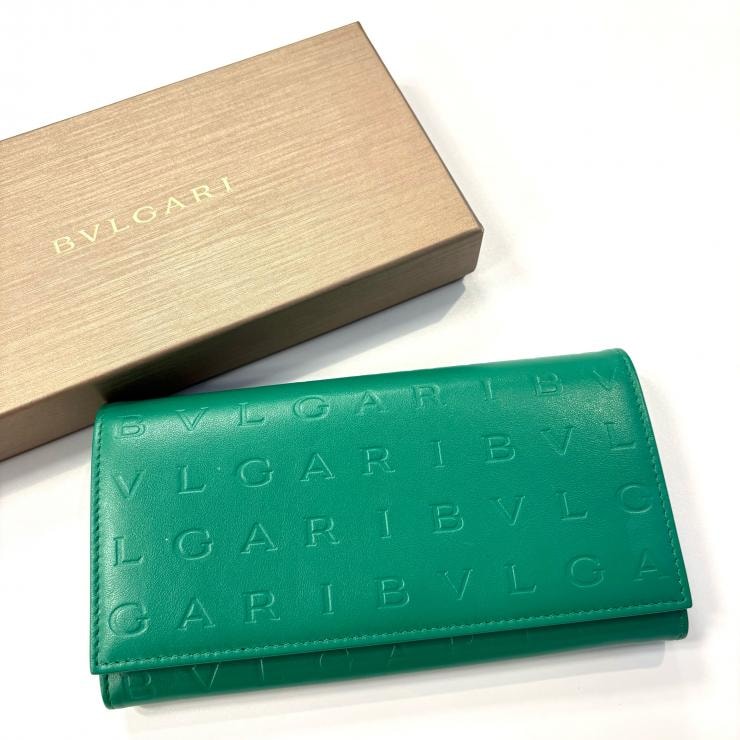 BVLGARI インフィニートゥム ラージウォレット ロゴ レザー 長財布 グリーン 鑑定済み 正規品 ブルガリ
