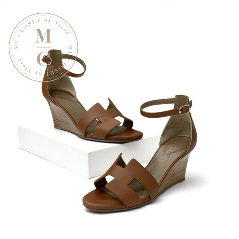 エルメス HERMES レジェンド サンダル 靴 シューズ レザー ブラウン アンクルストラップ ウェッジソール