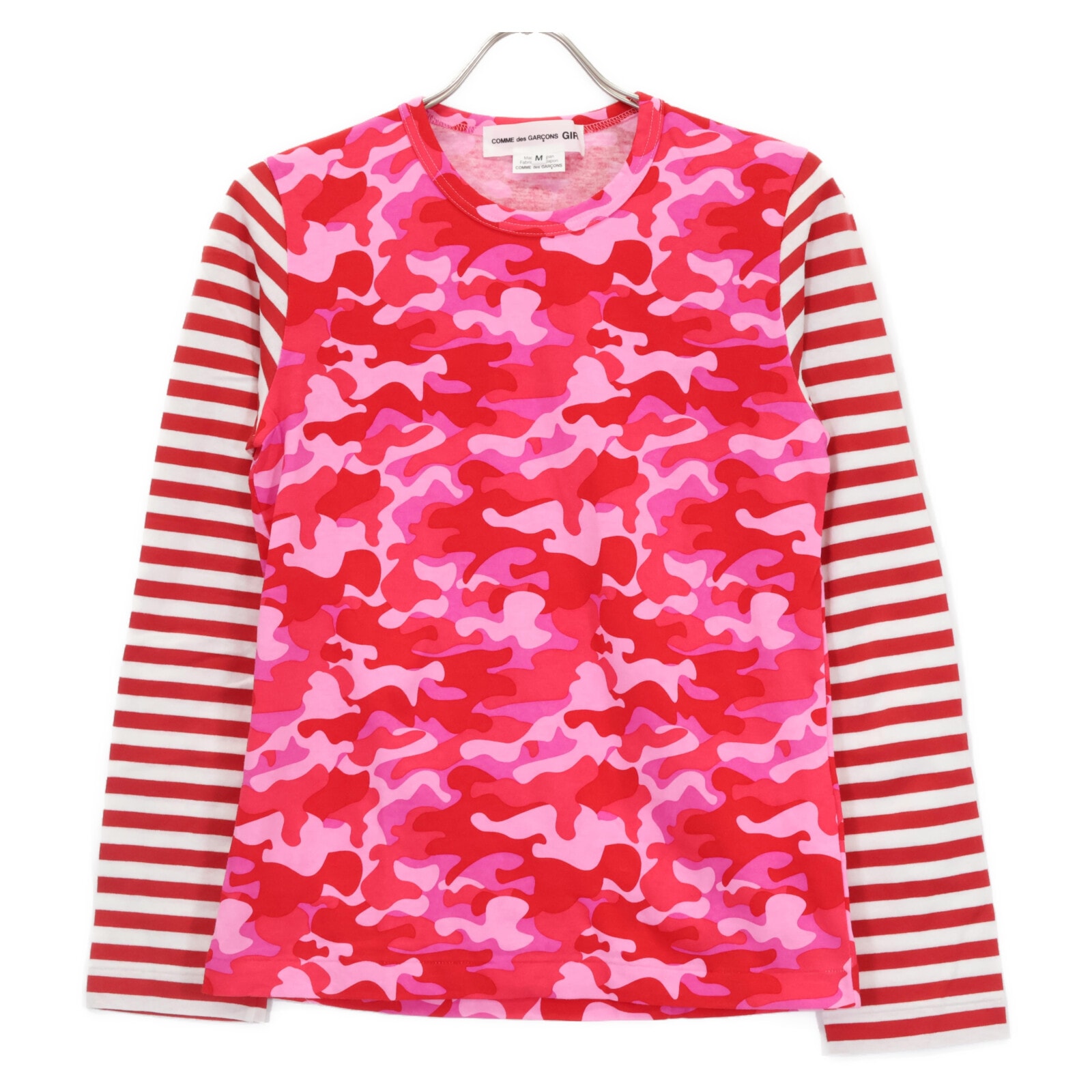 コムデギャルソンガール NG-T002 AD2020 20年 レッド×ピンク ボーダー×総柄 長袖 Tシャツ M