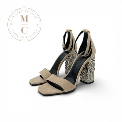 エルメス HERMES グラム105 サンダル 靴 シューズ スエード メタル ベージュ シルバー シェーヌダンクル メタルヒール ストラップ