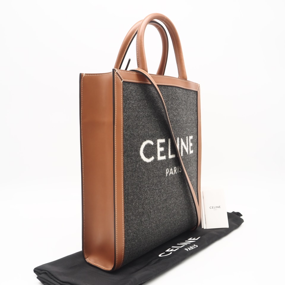 極美品 CELINE セリーヌ コットン レザー テキスタイル スモールバーティカルカバ 192082ENU.09BE 2wayハンドバッグ グレー ブラウン カーフレザー コットン レディース