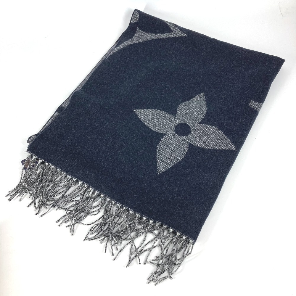 ルイヴィトン LOUIS VUITTON マフラーモノグラム ジャイアント M77950 モノグラム フリンジ マフラー カシミヤ ネイビー 美品