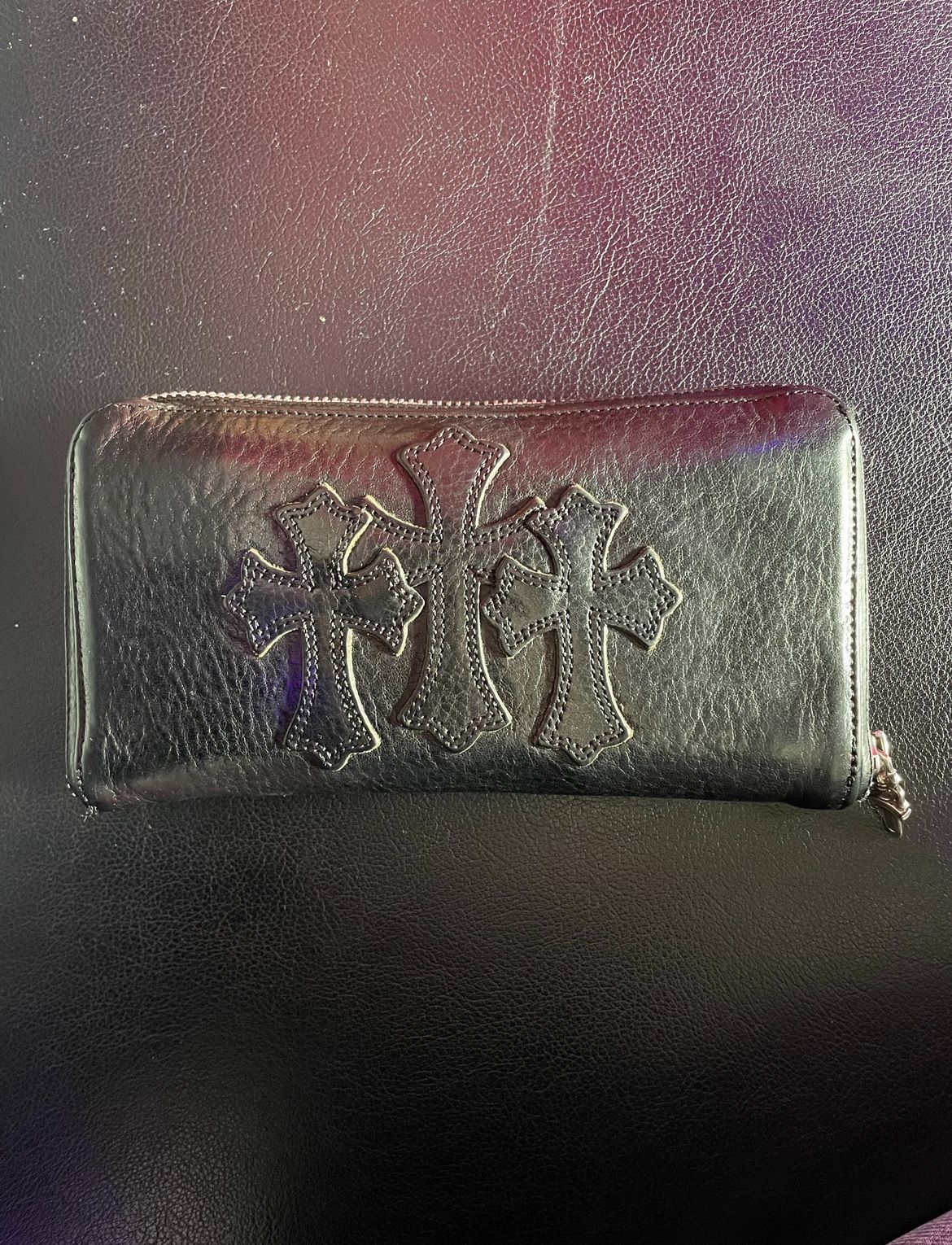 Chrome Hearts REC F Light Leather Zip Wallet / 3 Cemetary Cross "Black"