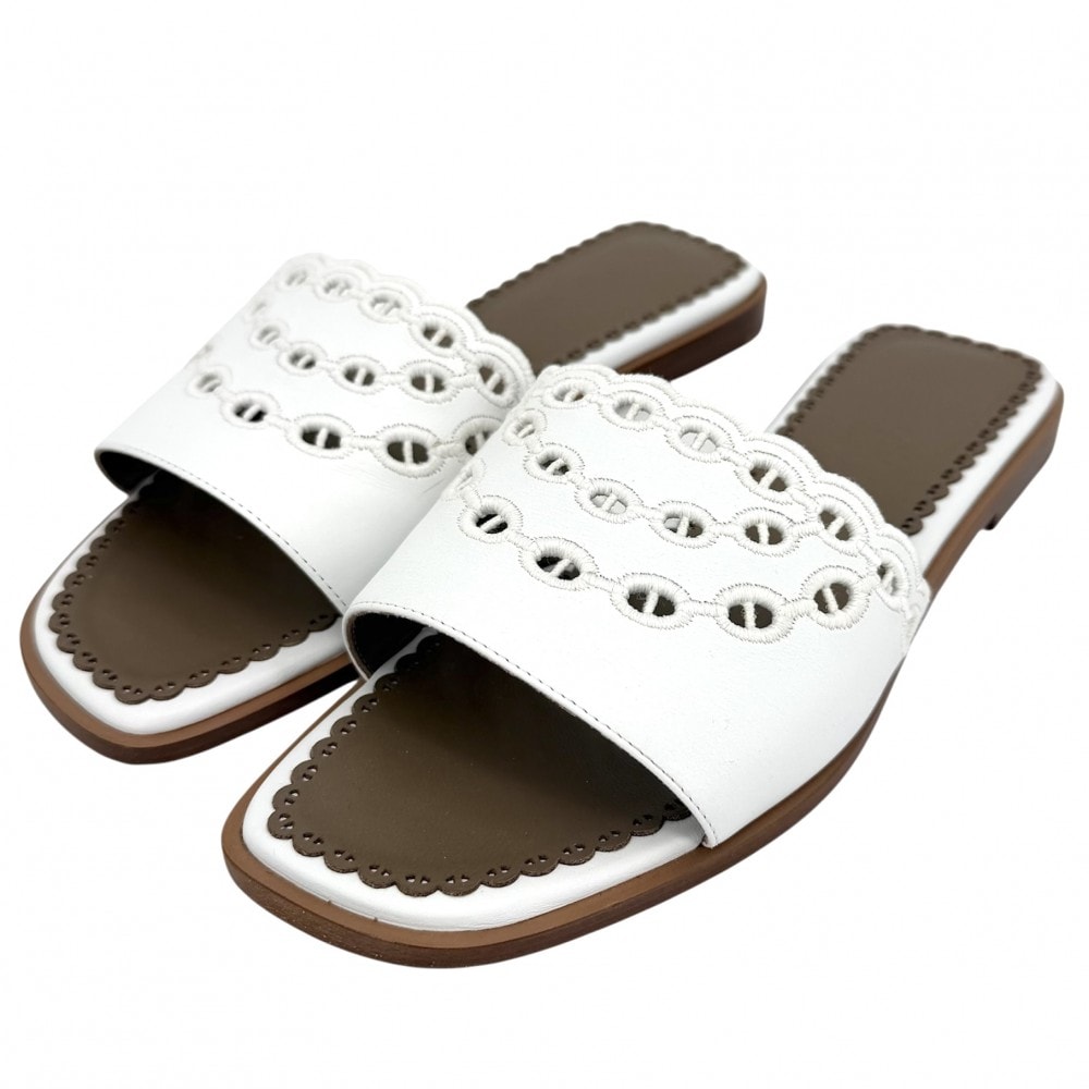 HERMES エルメス サンダル シェーヌダンクル ガエル フラットシューズ 靴 36サイズ 約23cm レザー ブラウン 茶 ホワイト 白 レディース 春 夏【中古品】