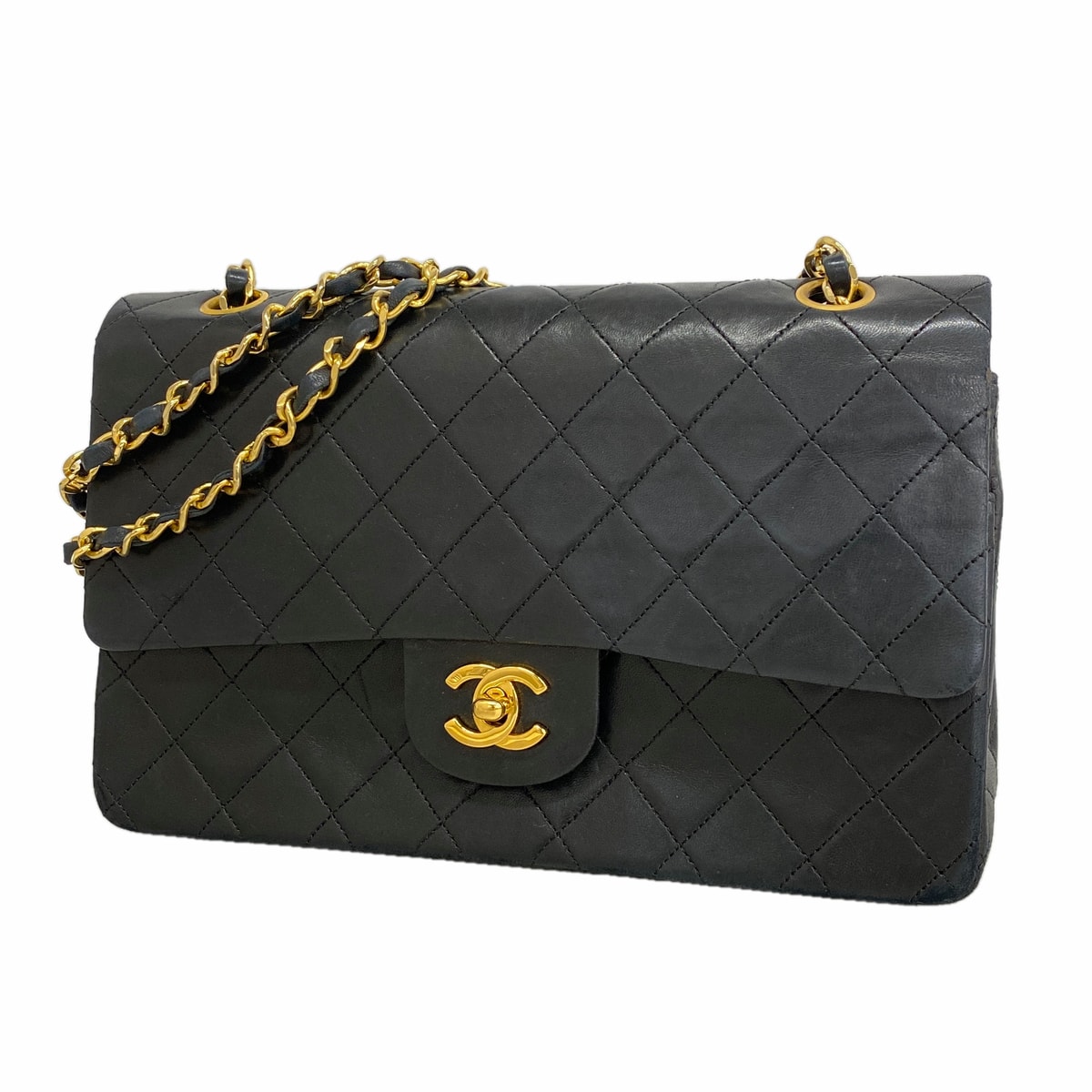 ★SALE【6hb1248】シャネル ショルダーバッグ マトラッセ Wフラップ Wチェーン ラムスキン ブラック ゴールド金具【中古】レディース