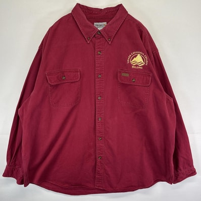 古着 カーハート Carhartt 長袖 ワークシャツ ボタンダウン 大きいサイズ ワンポイント 企業ロゴ刺繍 胸ポケット 3XL レッド系 メンズ