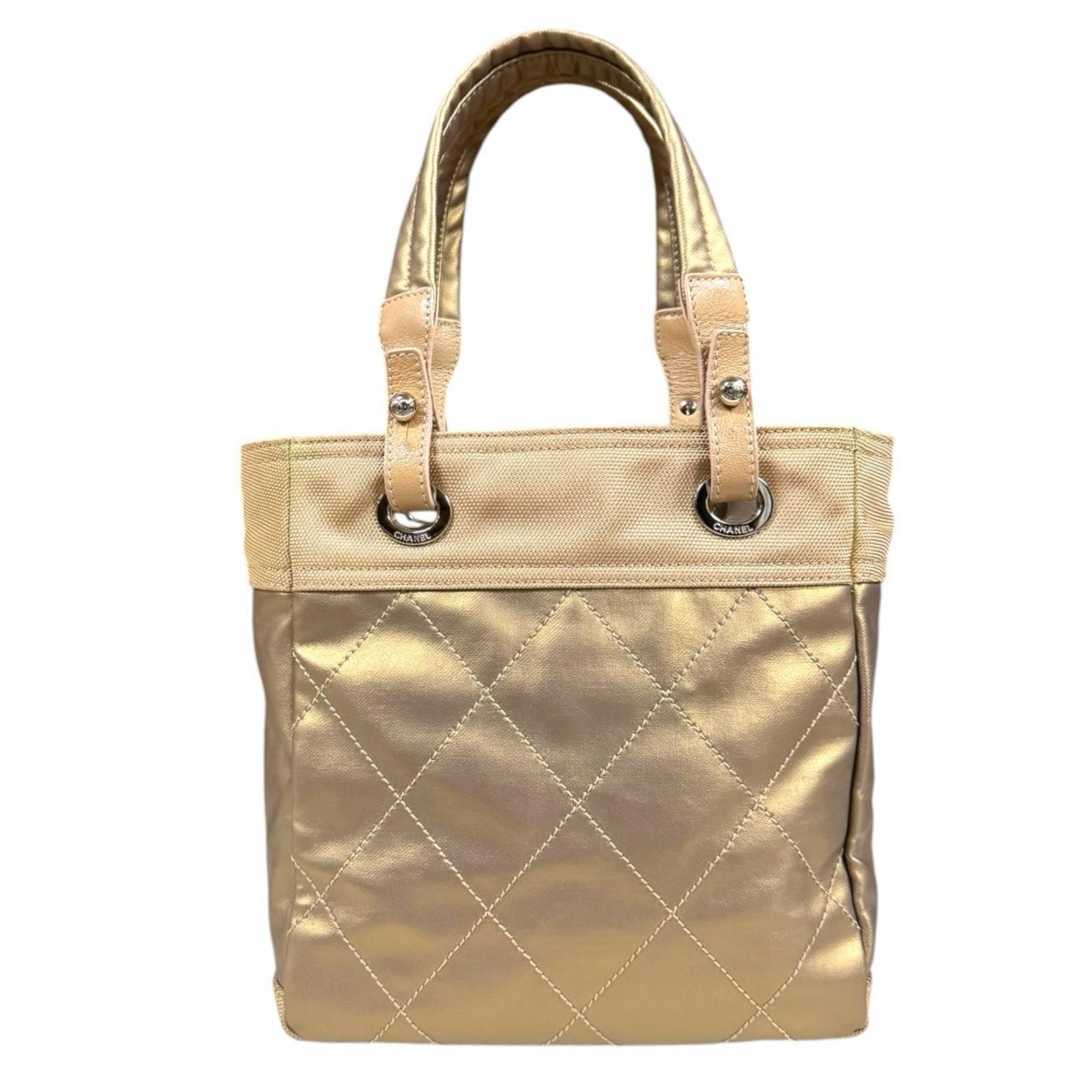 シャネル パリビアリッツPM トートバッグ PVCコーティングキャンバス A34208 ゴールド レディース CHANEL 中古